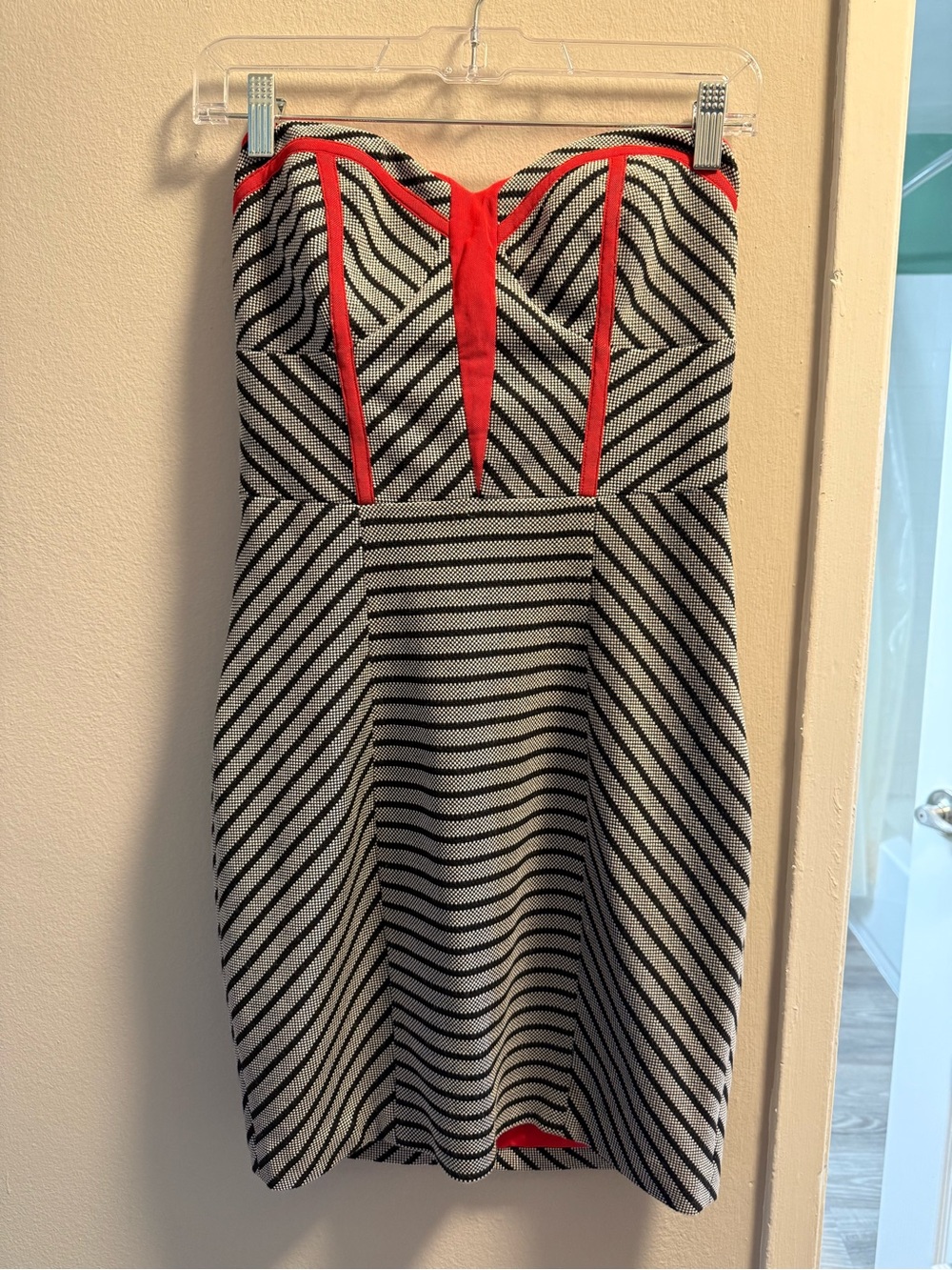 Arden B Black & White Strapless Dress with Red Trim